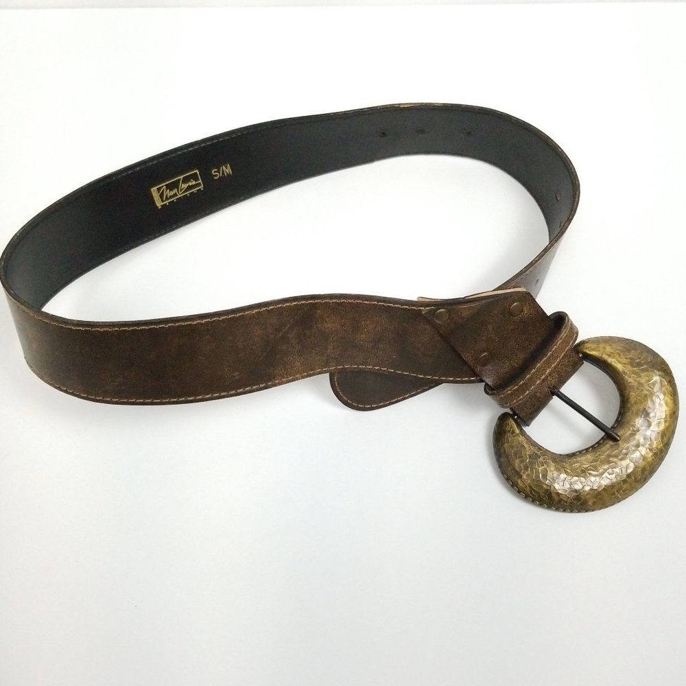 Nan Lewis Full Grain Leather Big Buckle Slanted Vintage Western Belt, Size S/M